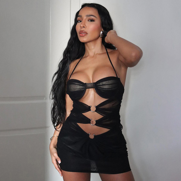 Mesh Perspective Hole Hanging Neck Lace Wrap Hip Dress