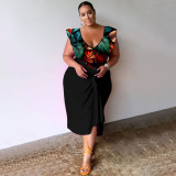 V-neck printed one-piece top print+skirt oversized two-piece set