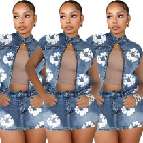 Printed elastic denim short skirt jacket set