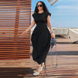 Round necked waist cinched flower bud skirt solid color dress