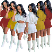 Cotton and linen material shirt short skirt two-piece set