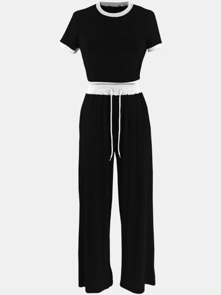 Rib contrasting round neck short sleeved pants set, two-piece