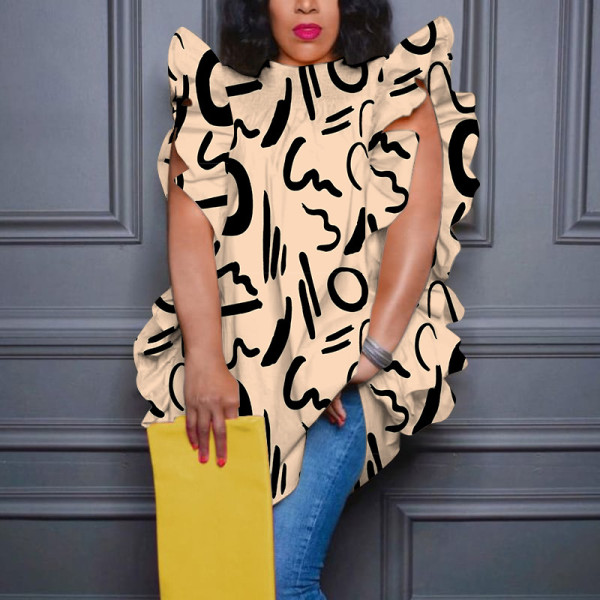 Oversized digital printed round neck ruffled loose top shirt