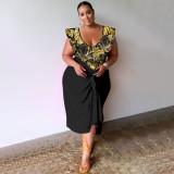 V-neck printed one-piece top print+skirt oversized two-piece set