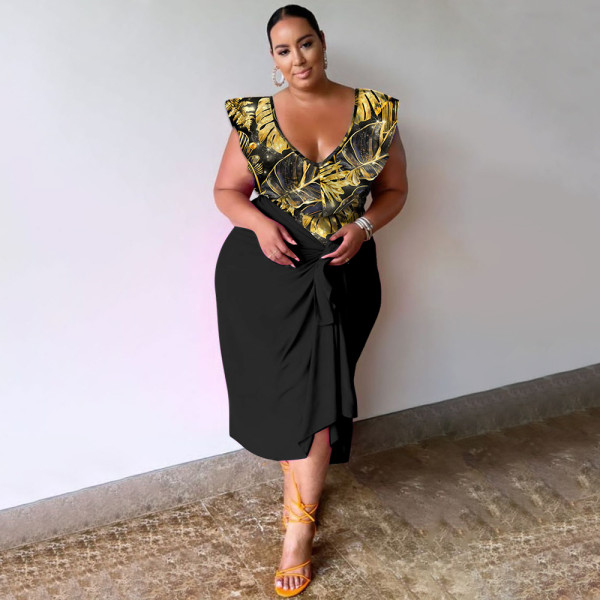 V-neck printed one-piece top print+skirt oversized two-piece set