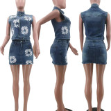 Printed elastic denim short skirt jacket set