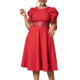 Round neck solid color short sleeved pleated large hem dress