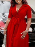 Suit collar short sleeved solid color waist cinched large hem dress