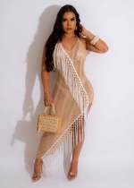 Solid color knitted sleeveless slit tassel beach skirt