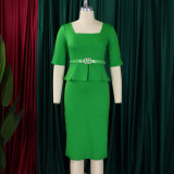 Women's lapel short sleeved OL ruffled hem waist cinching dress