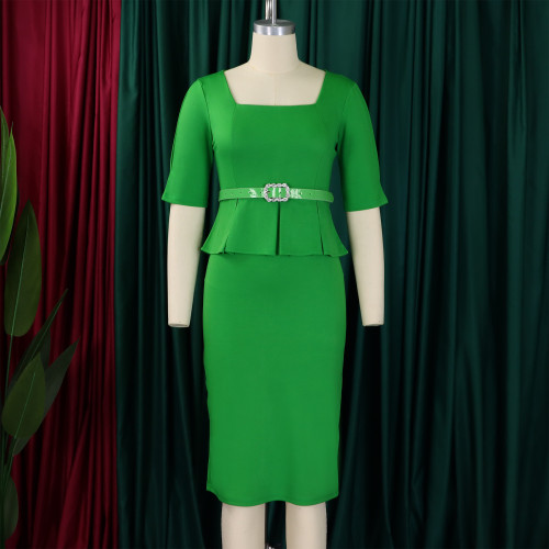 Women's lapel short sleeved OL ruffled hem waist cinching dress