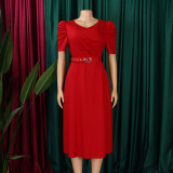 V-neck pleated large hem skirt