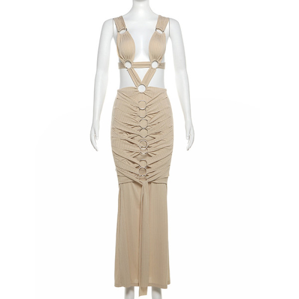Hollow hole lace up high waisted slim fit buttocks wrapped dress