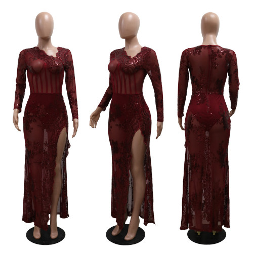 Sequin slim fit wrap hip high slit dress