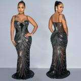 Solid color mesh hot diamond strap long dress