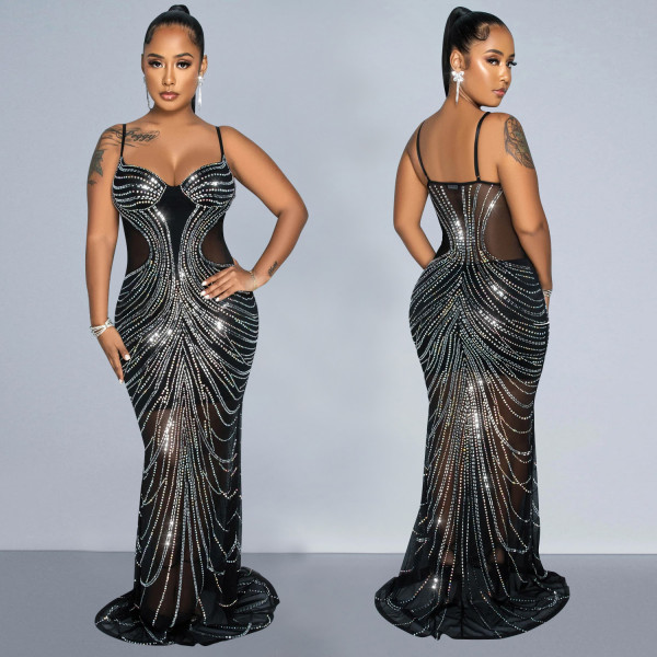 Solid color mesh hot diamond strap long dress