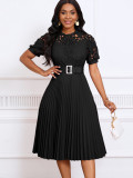 Short sleeved lace patchwork pleated dress