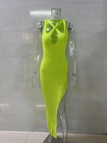 Tight solid knit pit stripe side slit dress