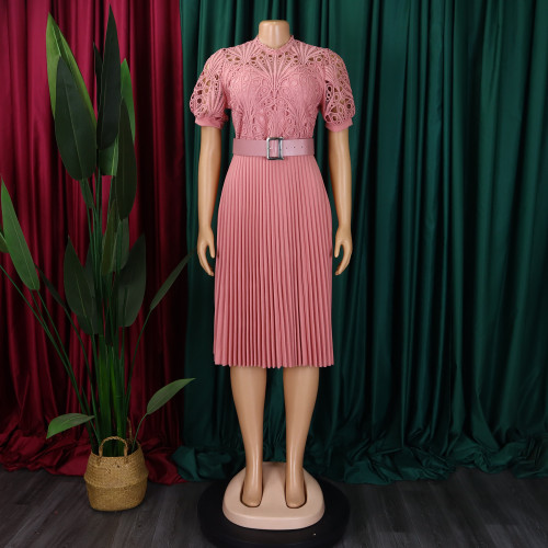 Short sleeved lace patchwork pleated dress