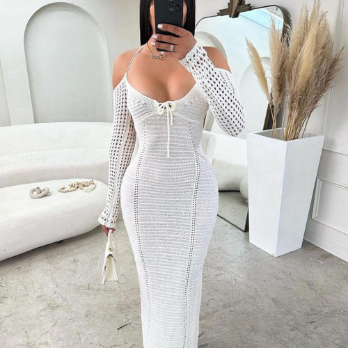 Lace up slim fit hollow out long sleeved dress