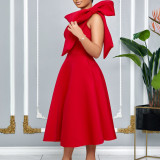 Diagonal shoulder bow banquet dress with large swing dress