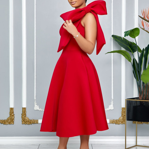 Diagonal shoulder bow banquet dress with large swing dress
