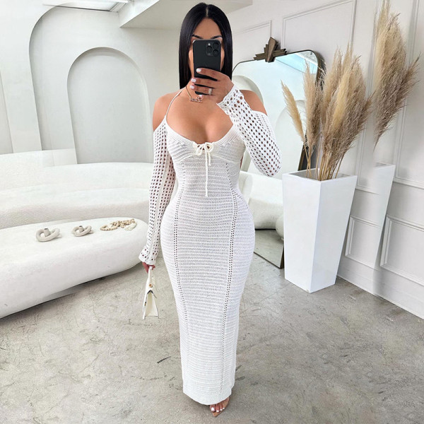 Lace up slim fit hollow out long sleeved dress