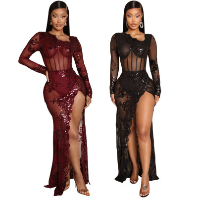 Sequin slim fit wrap hip high slit dress