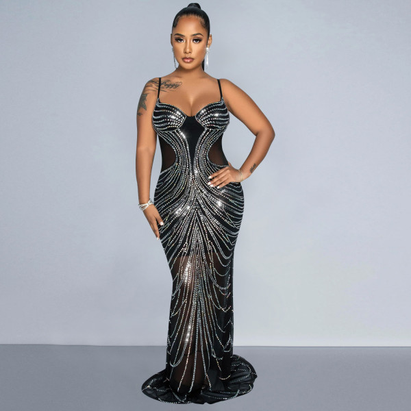 Solid color mesh hot diamond strap long dress