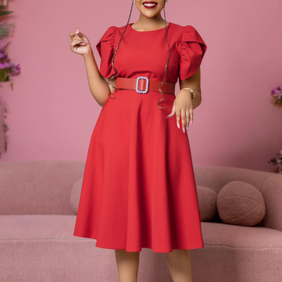 Round neck solid color short sleeved pleated large hem dress