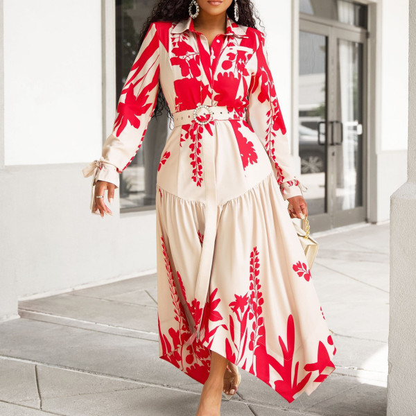 Long sleeved printed lapel loose oversized dress