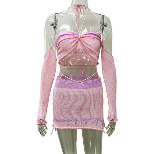 Contrast pearl neck and sleeve sleeves wrapped in chest knit buttocks skirt set