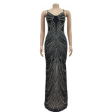 Solid color mesh hot diamond strap long dress