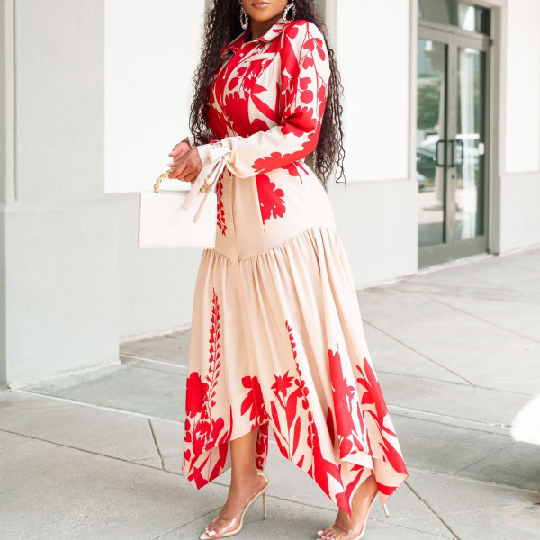 Long sleeved printed lapel loose oversized dress