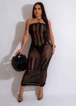 Solid color handmade knitted neck hanging beach skirt