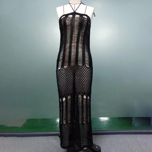 Solid color handmade knitted neck hanging beach skirt