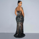 Solid color mesh hot diamond strap long dress
