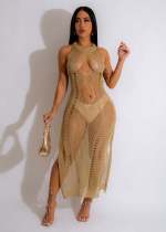 Solid color knitted hollow sleeveless beach skirt