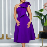 Diagonal shoulder bow banquet dress with large swing dress