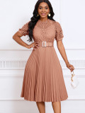 Short sleeved lace patchwork pleated dress
