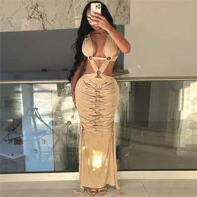Hollow hole lace up high waisted slim fit buttocks wrapped dress