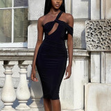 Hollow out diagonal collar dress