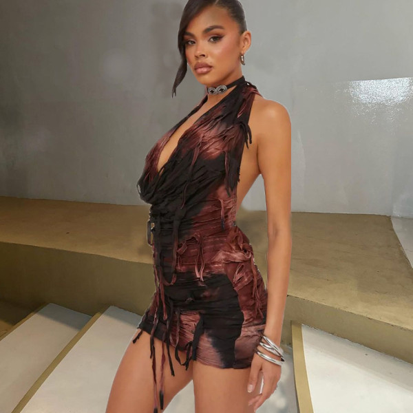 Hanging neckline tassel sexy backless hollow out dress