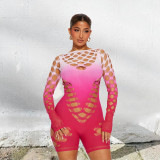 Integrated high elasticity tie dyed hollow out long sleeved jumpsuit