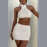 Hanging neck tied vest knitted solid color hollow buttocks short skirt set