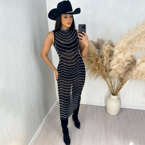 Women's Mesh Perspective Hot Diamond Sleeveless Dress