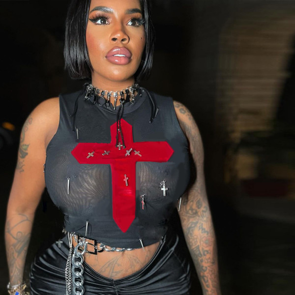 Mesh perspective metal cross vest