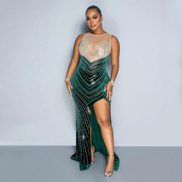 Splicing Mesh Hot Diamond Nightclub Dress Long Sleeveless Dress