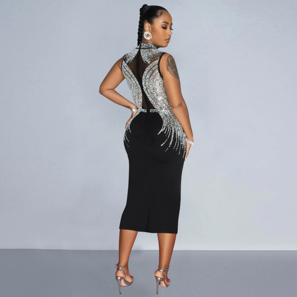 Women's mesh hot diamond sleeveless mid length dress