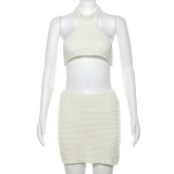 Hanging neck tied vest knitted solid color hollow buttocks short skirt set